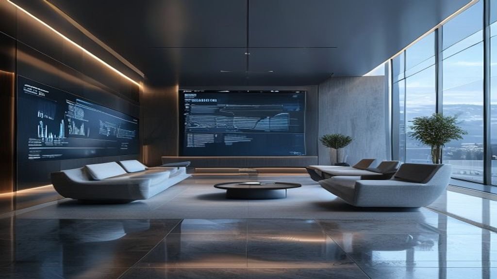 Sleek corporate lobby with minimalist furniture and digital screen displaying data