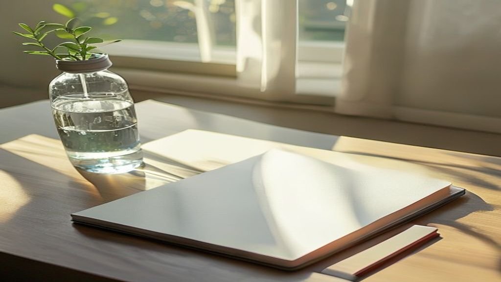 Minimalist desk setup with tablet, notebook, and mineral water in morning light