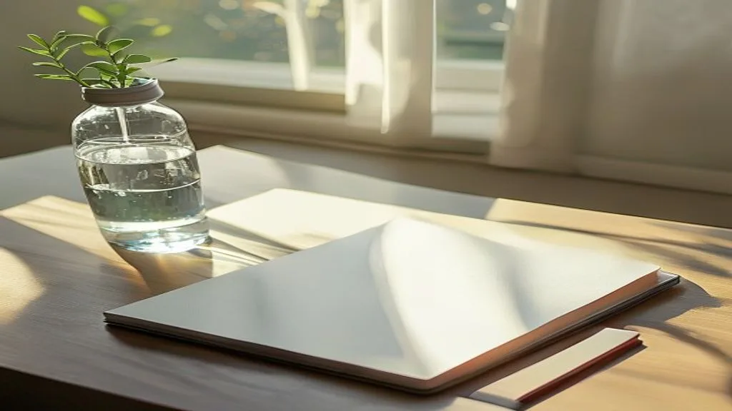 Minimalist desk setup with tablet, notebook, and mineral water in morning light
