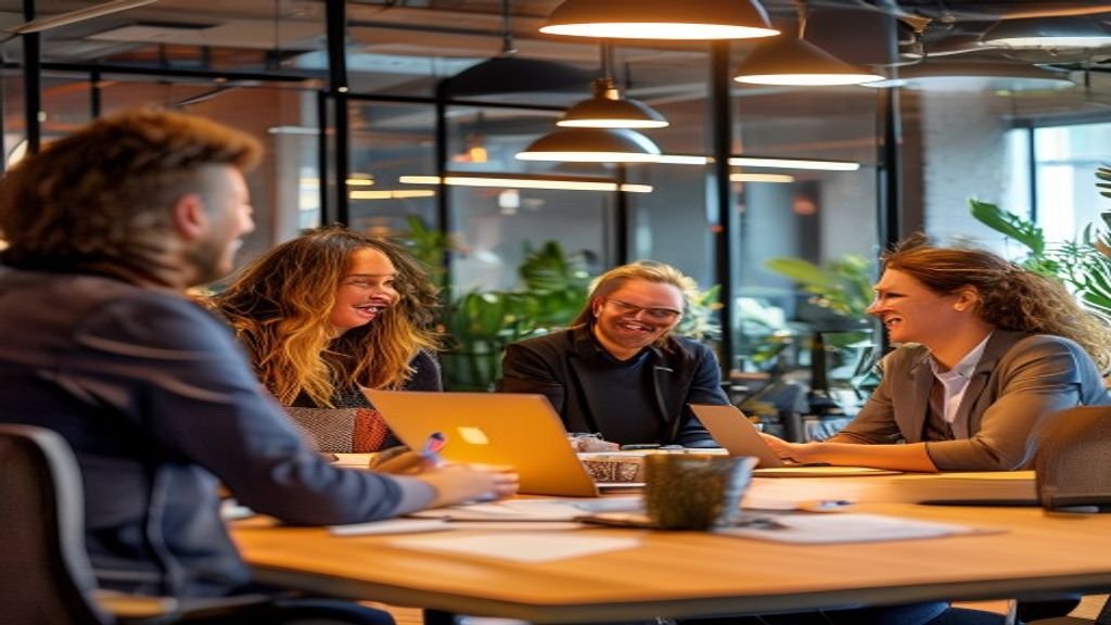Happy employees collaborating in a vibrant, premium workspace