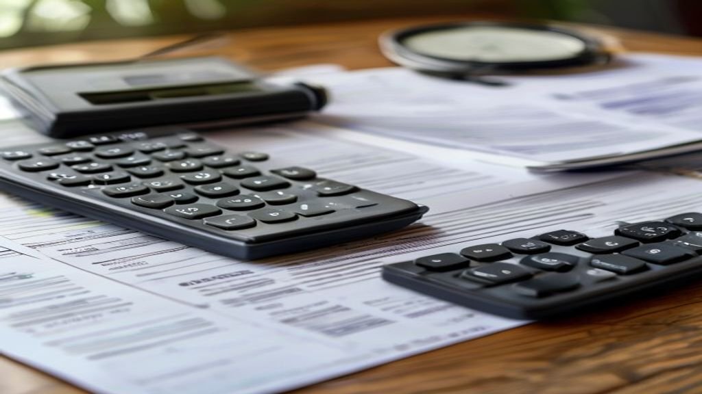 Tax documents and calculator for business income tax filing