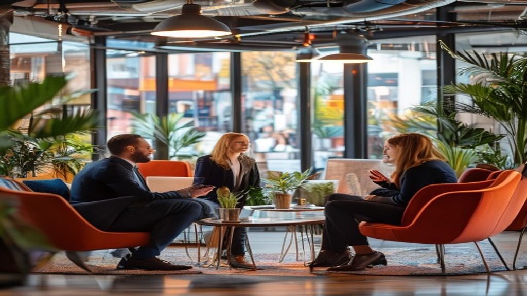 Professionals networking and collaborating in a vibrant coworking lounge
