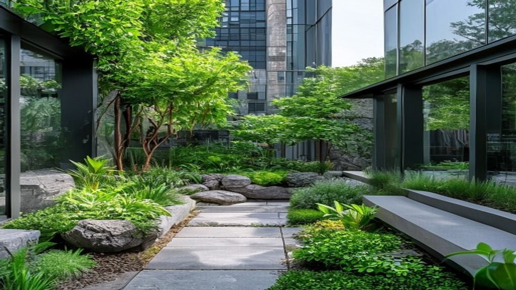 Minimalist garden terrace within a corporate building with green plants and stone benches