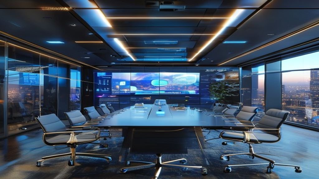 High-tech corporate meeting room with interactive displays