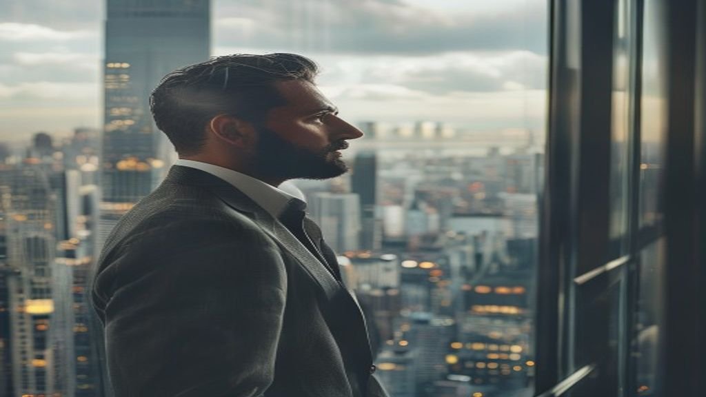 Confident entrepreneur looking out of a skyscraper window at city skyline