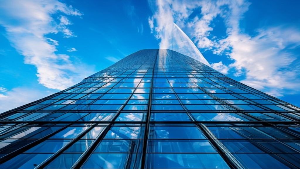 Abstract architectural photograph of modern glass skyscraper reflecting blue sky