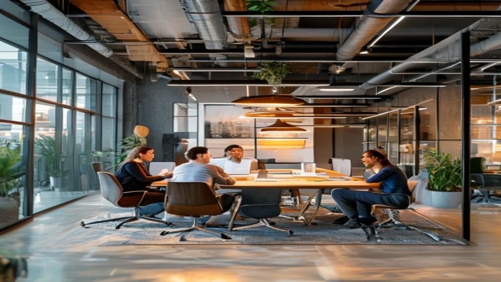 Team collaborating in a modern hybrid workspace setting