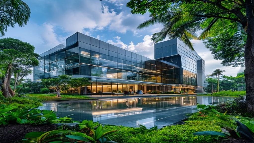 Modern corporate headquarters set against the lush greenery of Nilambur