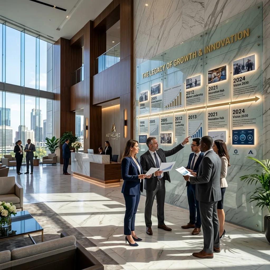 High-end executive corporate headquarters lobby showcasing Skatt business growth timeline