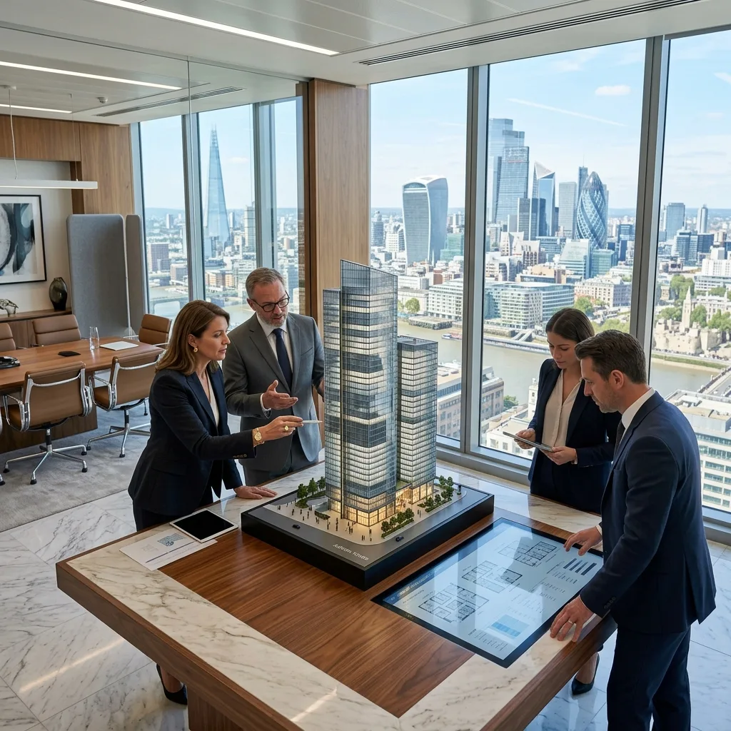 Commercial real estate asset managers examining glass skyscraper architectural model