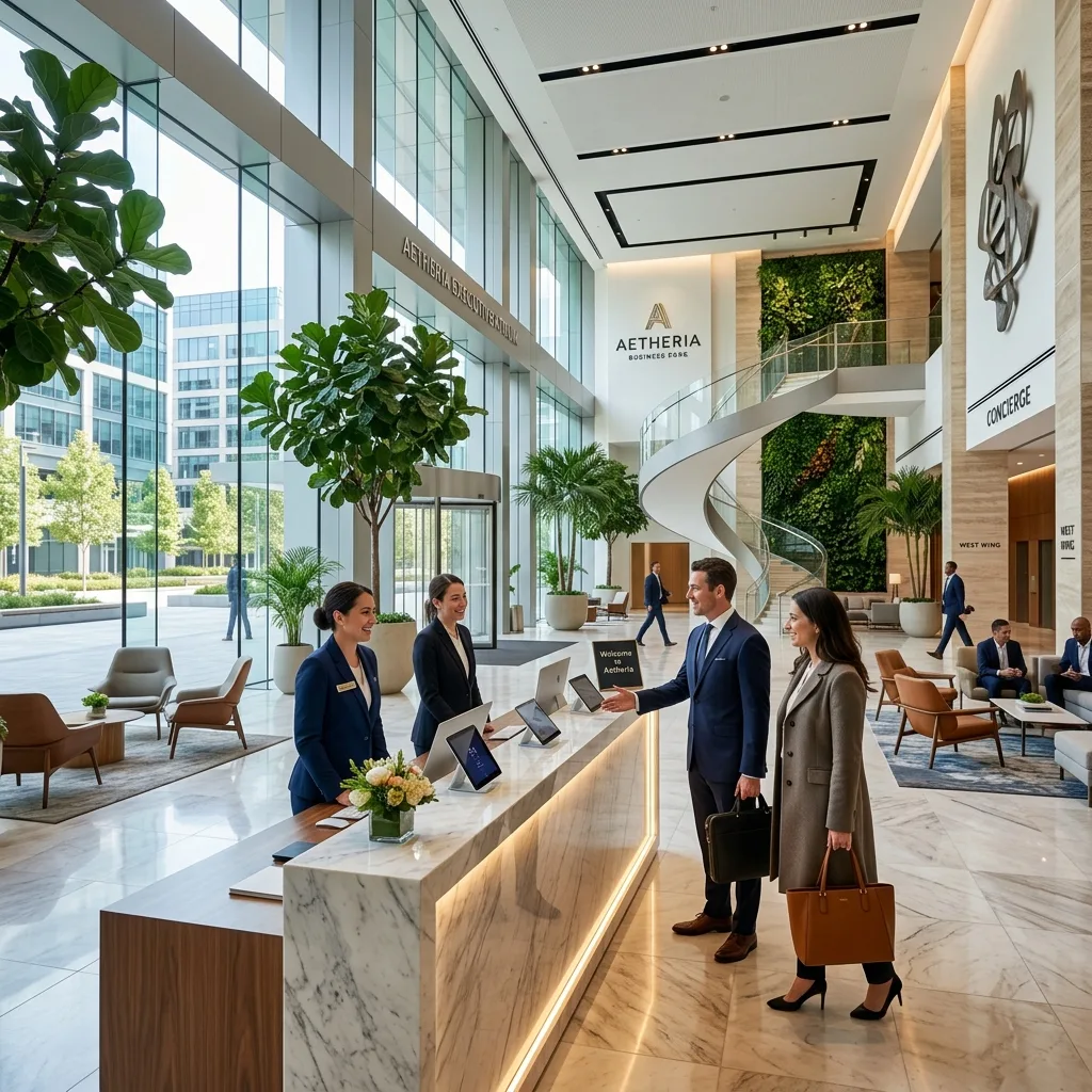 High-end executive business park lobby and concierge reception area at Skatt Business Park